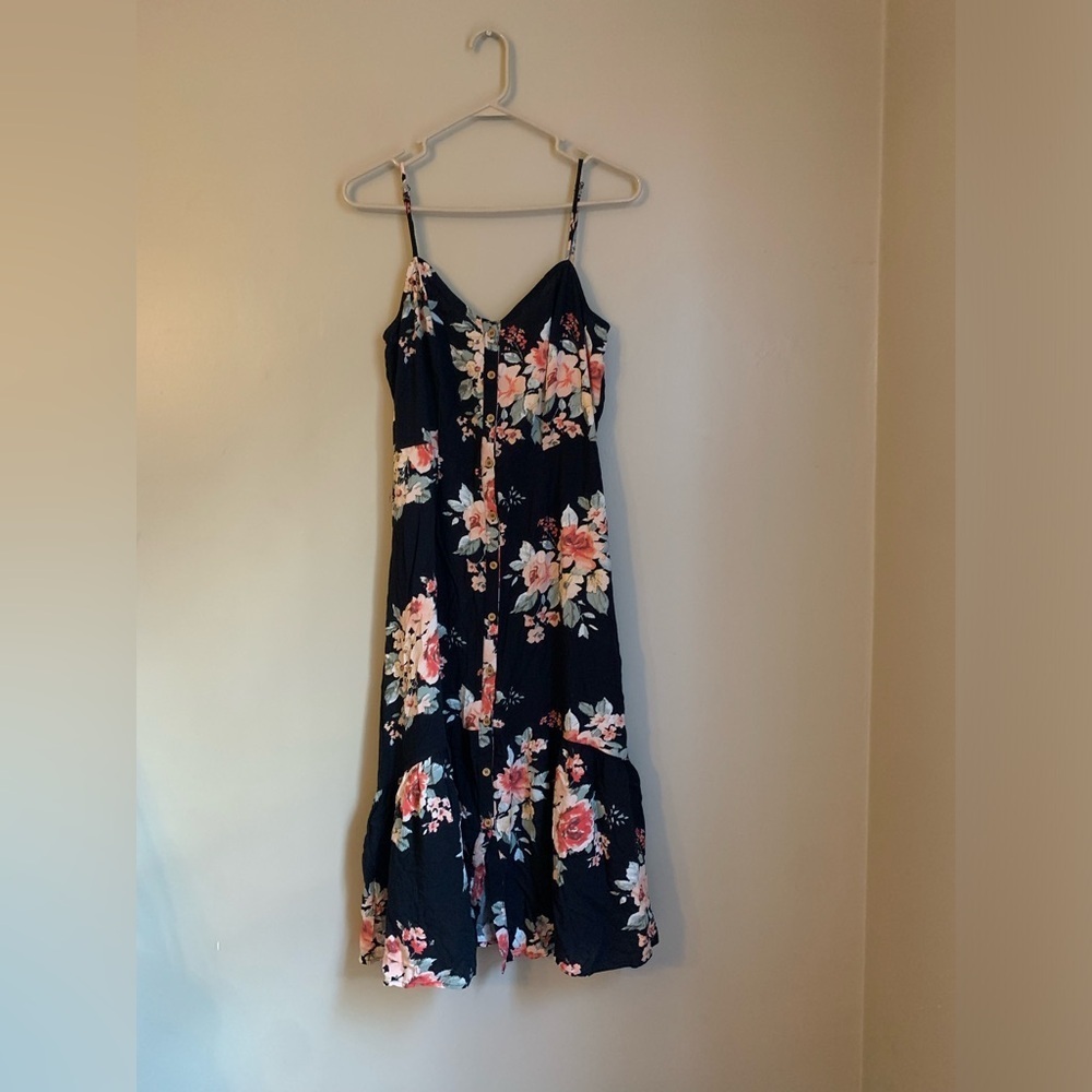 Mimi Chica black floral strappy dress, fall boho midi